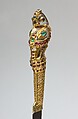 Rock-Crystal Knife with Jeweled Parrot, Steel, gold set with rubies and emeralds, rock crystal.