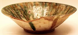 Bowl, Earthenware; white slip, incised and splashed with polychrome glazes under a transparent glaze (sgraffito ware)