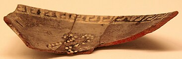 Ceramic Fragment, Earthenware; purplish slip, white decoration on black underglaze painting