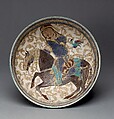 Bowl with Prince on Horseback, Stonepaste; applied decoration, polychrome inglaze and overglaze painted and gilded on opaque monochrome glaze (mina'i)