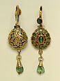 Earring, One of a Pair, Gold, emerald, ruby, champlevé enamel, and pearl