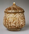 Pyxis (Cylindrical Container), Stonepaste; luster-painted on incised, opaque white glaze