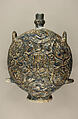 Flask with Zodiac Medallions, Stonepaste; molded, blue-glazed, overpainted, and gilded