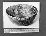 Bowl, Earthenware; buff slip, underglaze drawing in black, green, and yellow