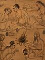 Yogis around a Fire, Some Examining a Pothi (Looseleaf Manuscript), Shankar, Brush drawing in brown ink with touches of watercolor and gold on paper