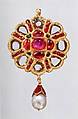 Octagonal Rosette Pendant, Fabricated from gold; worked in kundan technique and set with diamonds, rubies and emeralds; with pendant pearl and enameled cap
