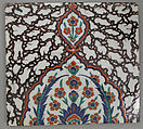 Tile with Floral Cartouche Design on Ebru (Marble Imitation Pattern) Background, Stonepaste; polychrome painted under transparent glaze