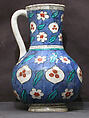 Blue-ground Ewer with Floral, Tiger-stripe and 'Cintamani' Designs, Earthenware; polychrome painted under transparent glaze