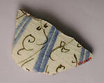 Ceramic Fragment, Stonepaste; white slip; blue and black underglaze; transparent, colorless glaze