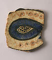 Ceramic Fragment, Stonepaste; white slip; blue and black underglaze; transparent, colorless glaze