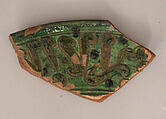 Ceramic Fragment, Earthenware; incised decoration through a white slip and coloring under a transparent glaze.