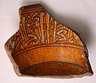 Fragment of a Bowl, Earthenware; incised decoration through white slip and coloring under transparent glaze