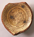 Fragment of a Bowl, Earthenware; incised decoration through white slip and coloring under transparent glaze
