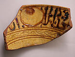 Ceramic Fragment, Earthenware; incised decoration through white slip and coloring under transparent glaze