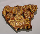 Ceramic Fragment, Earthenware; incised decoration through white slip and coloring under transparent glaze