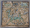 Tile Depicting Bahram Gur and Azada, Stonepaste; inglaze painted in blue, luster-painted on opaque white glaze, modeled