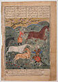 "Rustam Captures the Horse Rakhsh", Folio from a Shahnama (Book of Kings) of Firdausi, Abu'l Qasim Firdausi (Iranian, Paj ca. 940/41–1020 Tus), Ink, opaque watercolor, and gold on paper
