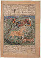 "Rustam Saved by his Horse Rakhsh from an Attacking Lion", Folio from a Shahnama (Book of Kings) of Firdausi, Abu&#39;l Qasim Firdausi (Iranian, Paj ca. 940/41–1020 Tus), Ink, opaque watercolor, and gold on paper