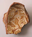 Ceramic Fragment, Earthenware; incised decoration through white slip and coloring under transparent glaze