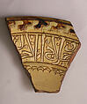 Ceramic Fragment, Earthenware; incised decoration through white slip and coloring under transparent glaze.