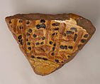 Ceramic Fragment, Earthenware; incised decoration through a white slip and coloring under a transparent glaze.