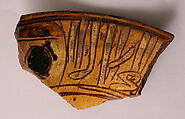 Ceramic Fragment, Earthenware; incised decoration through white slip and coloring under transparent glaze