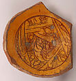 Ceramic Fragment, Earthenware; incised decoration through a white slip and coloring under a transparent glaze