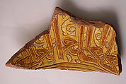 Ceramic Fragment, Earthenware; incised decoration through white slip and coloring under transparent glaze