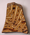 Fragment of a Bowl, Earthenware; incised decoration through white slip and coloring under transparent glaze.
