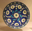 Blue-Ground Dish with Floral Design, Stonepaste; polychrome painted under transparent glaze