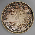Dish with a Horseman and Trained Cheetah, Earthenware; slipped and carved under transparent colorless-brown glaze