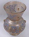 Mosque Lamp of Amir Qawsun, &#39;Ali ibn Muhammad al-Barmaki (Egyptian) ?, Glass, colorless with brown tinge; blown, blown applied foot, enameled and gilded