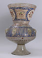 Mosque lamp, Glass, colorless with brownish tinge; free blown; enameled with red, blue, white, yellow, and green; gilded; six loops for suspension and foot attached.