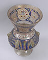 Mosque lamp, Glass, colorless with brownish tinge; free blown; enameled with red, blue, white, yellow, and green; gilded; six loops for suspension and foot attached.