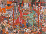 "Hamza's Heroes Fight in Support of Qasim and Badi'uzzaman", Folio from a Hamzanama (The Adventures of Hamza), Attributed to Shravana, Ink, opaque watercolor, and gold on cloth; mounted on paper