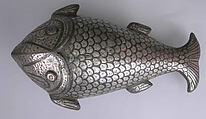 Fish-Shaped Box, Zinc alloy; cast, engraved, inlaid with silver and brass (bidri ware)