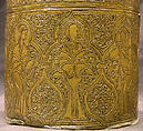 Pyxis Depicting Standing Saints or Ecclesiastics and the Entry into Jerusalem with Christ Riding a Donkey, Brass; hammered, engraved, inlaid with silver