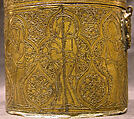 Pyxis Depicting Standing Saints or Ecclesiastics and the Entry into Jerusalem with Christ Riding a Donkey, Brass; hammered, engraved, inlaid with silver