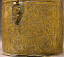 Pyxis Depicting Standing Saints or Ecclesiastics and the Entry into Jerusalem with Christ Riding a Donkey, Brass; hammered, engraved, inlaid with silver
