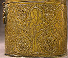 Pyxis Depicting Standing Saints or Ecclesiastics and the Entry into Jerusalem with Christ Riding a Donkey, Brass; hammered, engraved, inlaid with silver