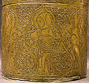 Pyxis Depicting Standing Saints or Ecclesiastics and the Entry into Jerusalem with Christ Riding a Donkey, Brass; hammered, engraved, inlaid with silver