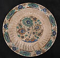 Dish, Stonepaste; underglaze painted in black, blue, and green with red and yellow slips