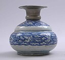 Bottle, Stonepaste; painted under transparent glaze; copper alloy