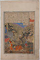 "Rustam Battles Sava", Folio from a Shahnama (Book of Kings), Abu&#39;l Qasim Firdausi (Iranian, Paj ca. 940/41–1020 Tus), Ink, opaque watercolor, silver, and gold on paper