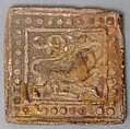 Square Tile Showing a Lion with Foliated Tail, Earthenware; molded, slipped, and glazed