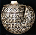 Inlaid Powder Horn, Wood overlaid with horn, mother-of-pearl, and ivory; silver