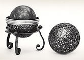 Bezoar Stone with Case and Stand, Container: silver; pierced, chased, and mercury-gilded
Goa stone: compound of organic and inorganic materials; mercury-gilded