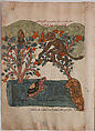 "The Monkey Escapes to the Safety of the Fig Tree", Folio from a Kalila wa Dimna, Ink and opaque watercolor on paper