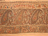 Shawl, Wool; plain weave, appliquéd with embroidered panels