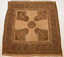 Shawl, Wool; plain weave, appliquéd with embroidered panels